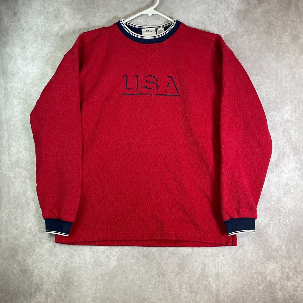VINTAGE Disney World USA Sweatshirt Mens Large Red America Patriotic Casual 90s
